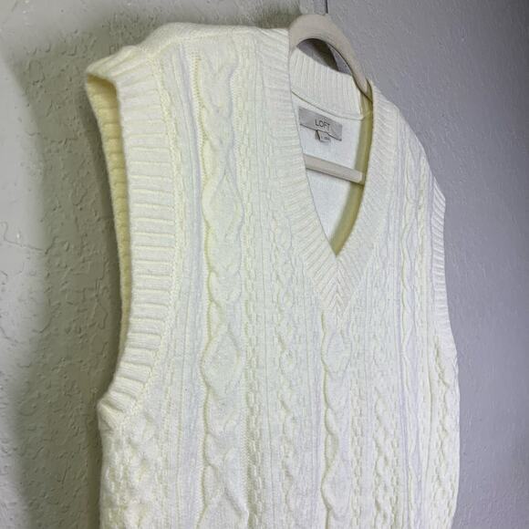 LOFT Sweater Vest Cable Knit Oversized V-Neck Whisper White Preppy Academia - Picture 9 of 14